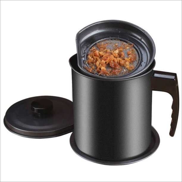 Ourokhome Bacon Grease Container with Strainer 1.3L Black Kitchen Can
