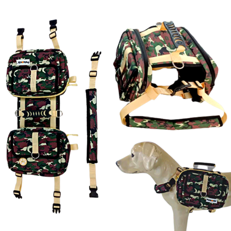 UPC: 0850042947036 | Petsonik Saddle Bag for Travel – Camping – Hiking with Built In Poop Bag Dispenser Camo Design
