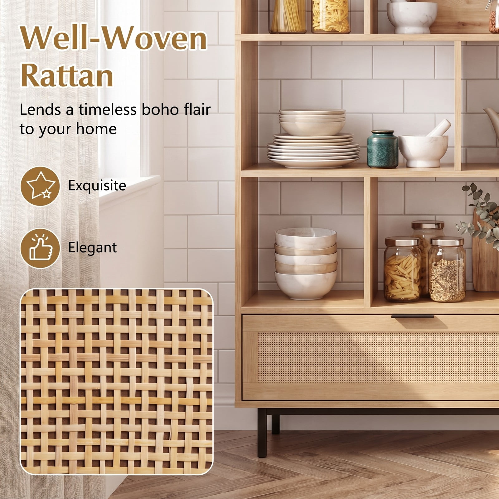 Furnibear 64 inch 6-Tier Tall Wooden Bookcase with 8 Open Cubes and Drawer, Freestanding Cube Storage Bookshelf with Rattan Accents and Anti-Tip Kit for, Natural