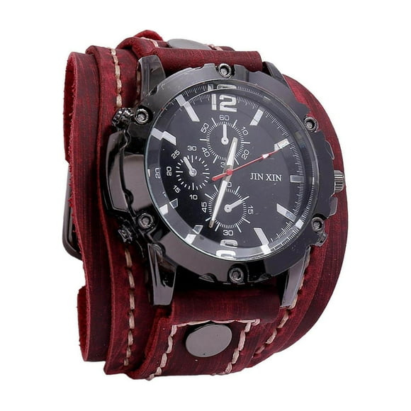 Men Wrist Watches Male Watch Wide Leather Strap Punk Bangles Comfortable Wide Leather Strap for Men Red