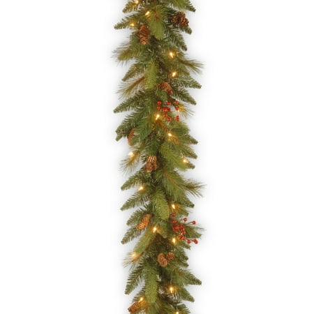 National Tree Company Pre-Lit Artificial Christmas Garland, Green, Evergreen, White Lights, Decorated With Pine Cones, Berry Clusters, Plug In, Christmas Collection, 9 Feet