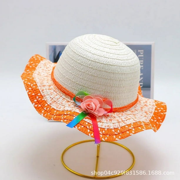 Gorra de verano para niña, gorro de paja con corona de flores Beige, ala ancha ondulada, protección UV, protector solar, sombreros de playa de 3 a 8 años