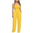 thumbnail image 2 of Tube Jumpsuits for Women Drawstring Smocked Wide Leg Rompers Overalls Solid Floor Length Outfits Pants with Pockets, 2 of 6
