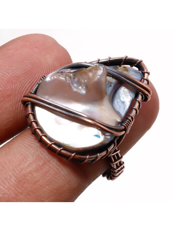Abalone Shell Gemnstone Ring Handmade Antique Wire Wrap Copper Jewelry 8" CR 352