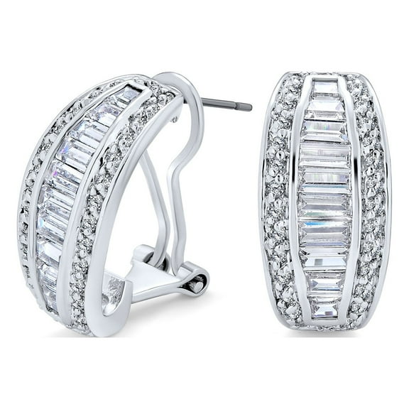 Bling Jewelry Womens Bridal Baguette CZ Half Hoop Earrings Omega Back Clip