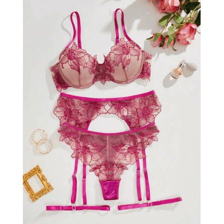 Hot Pink Lingerie Garter Silk Lace Set