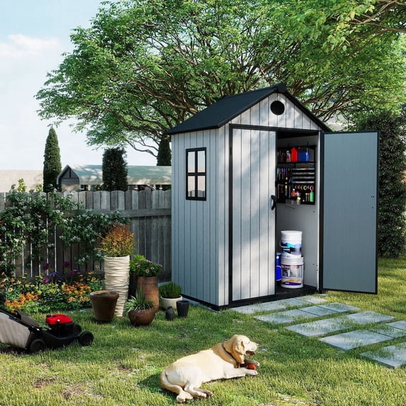 ZYJOYY 5.3'x3.4' Plastic Outdoor Storage Shed with Floor & Window, Resin Garden Tool Shed for Backyard