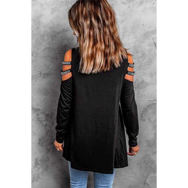 ABPHQTO Top de manga larga con hombros descubiertos y lentejuelas sólidas para mujer