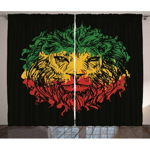 Ambesonne Rasta Curtains 2 Panel Set, Grunge Lion Head Portrait, 108" x 84", Pale Green and Yellow