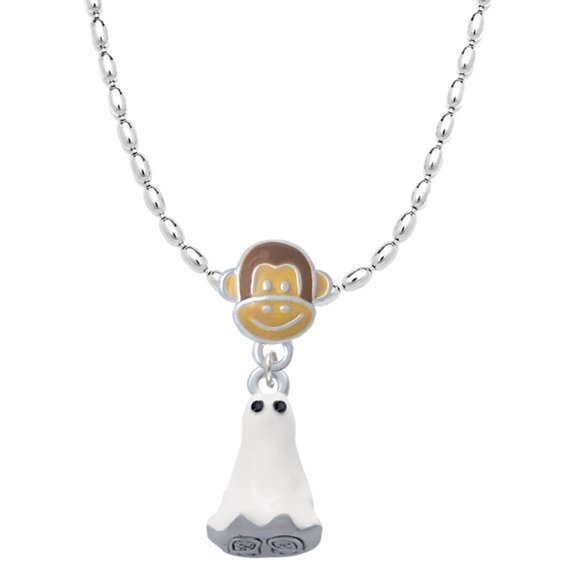 Delight Jewelry Silvertone 3-D White Ghost with Black Crystals Mia Monkey Charm Necklace