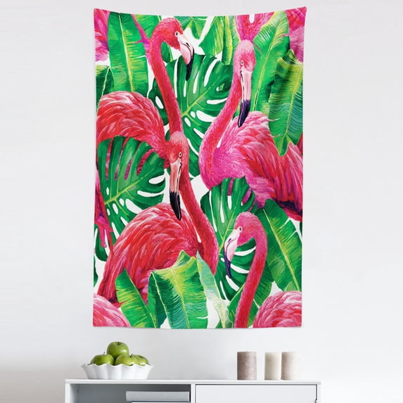 Flamingo Tapestry, Flamingos Sitting on Macro Tropic Exotic Leaves Graphic in Retro Style Art, Fabric Wall Hanging Decor for Bedroom Living Room Dorm, 5 Sizes, Pink Green, by Ambesonne