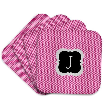 3dRose, Pink and grey chevron monogram initial J, Set of 4 Coasters - Soft