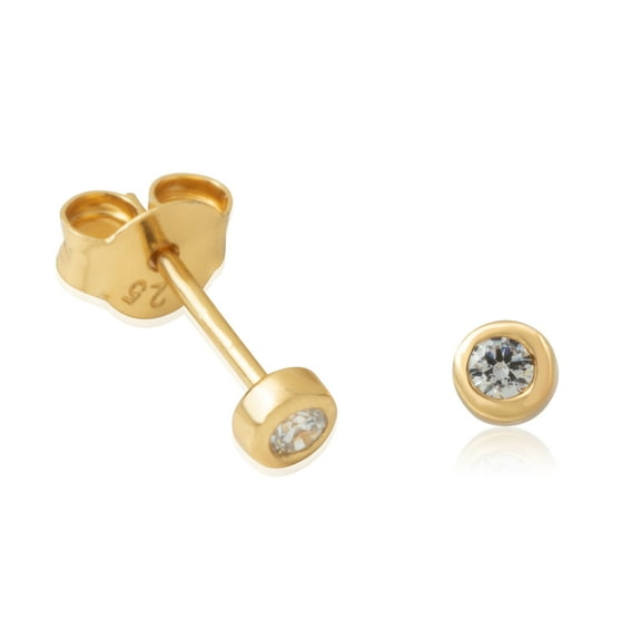 18K Yellow Gold Plated Sterling Silver CZ Stud Earrings, Round Bezel