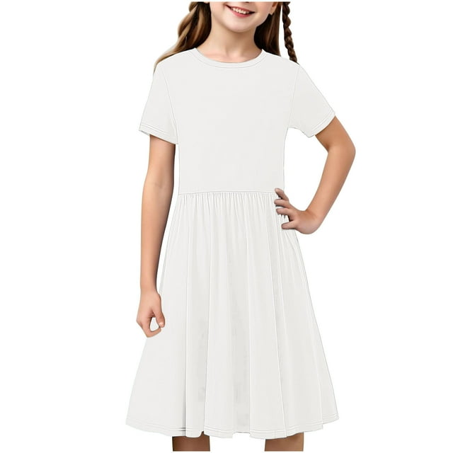 Swstbby Liquidation d'Économies d'Été 2025! Robe d'Été pour Filles, Robe Extensible à Manches Courtes à Imprimé Uni pour Tout-Petits et Filles, Robe Trapèze Blanche 7-8 Ans