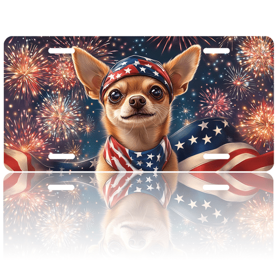 1 Pcs 2D Flat License Plate Covers & Frames, Chihuahua wearing American For Decorative Front, Waterproof For Decoration Aluminum License Plate Covers & Frames Cover For Men Women, 12" X 6"