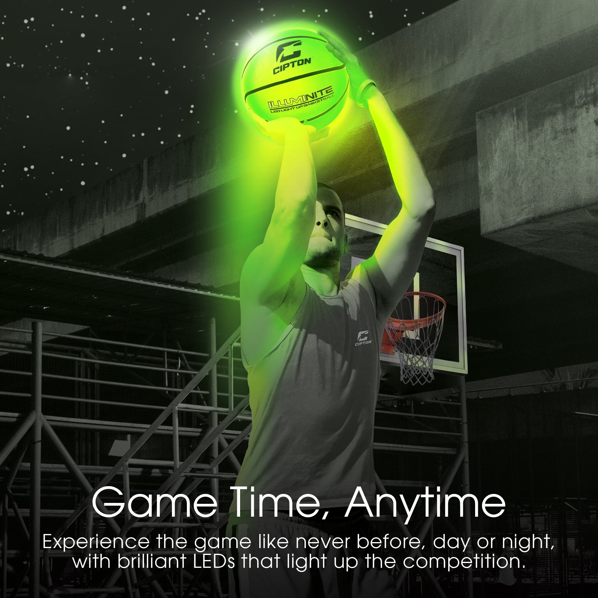 CIPTON Illuminite LED Light Up Basketball, Size 7 (29.5”) Indoor/Outdoor Premium Rubber Ball, Impact-Activated LEDs, Water Resistant, Neon Green