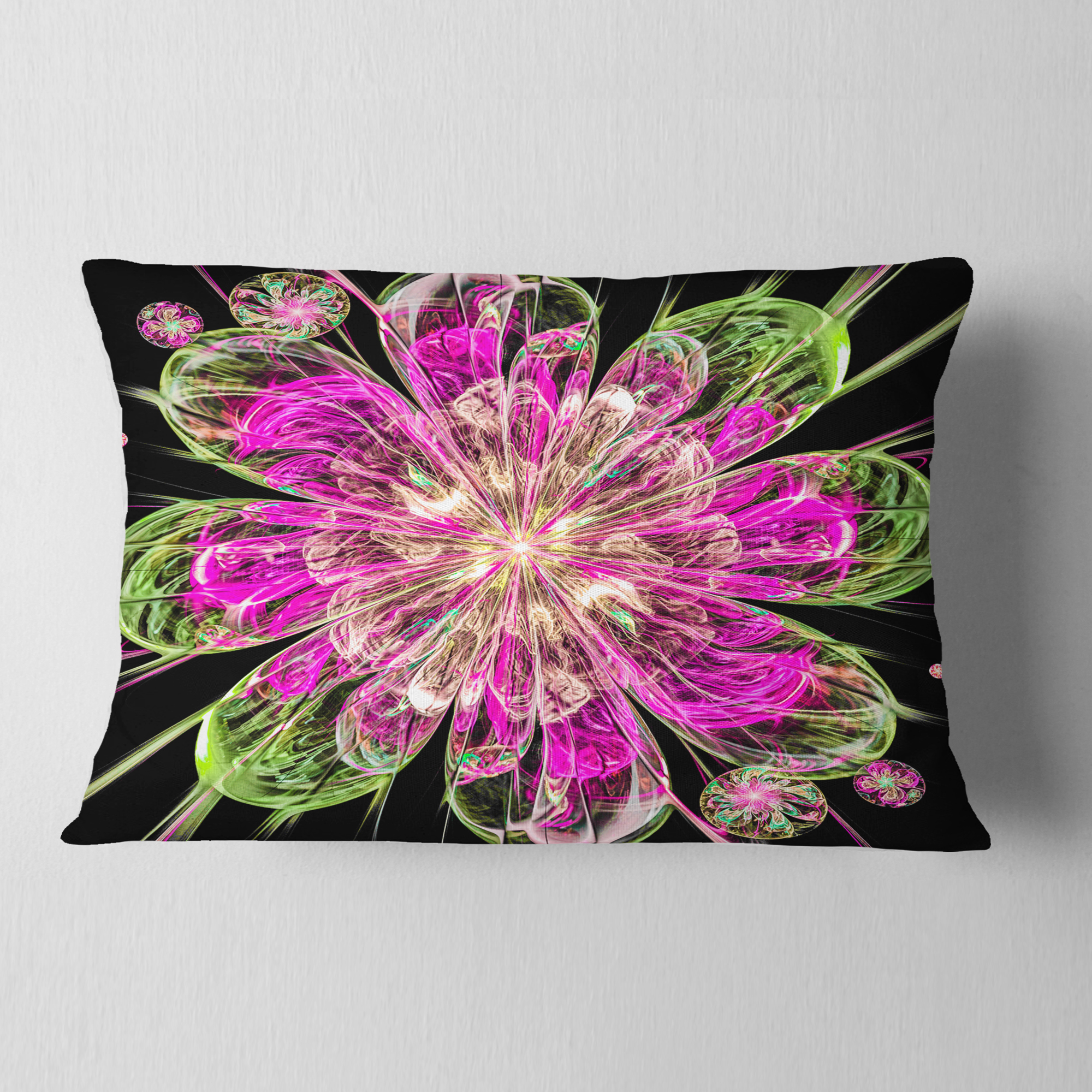 Designart Perfect Fractal Flower in Pink and Green - Floral Throw Pillow - 12x20