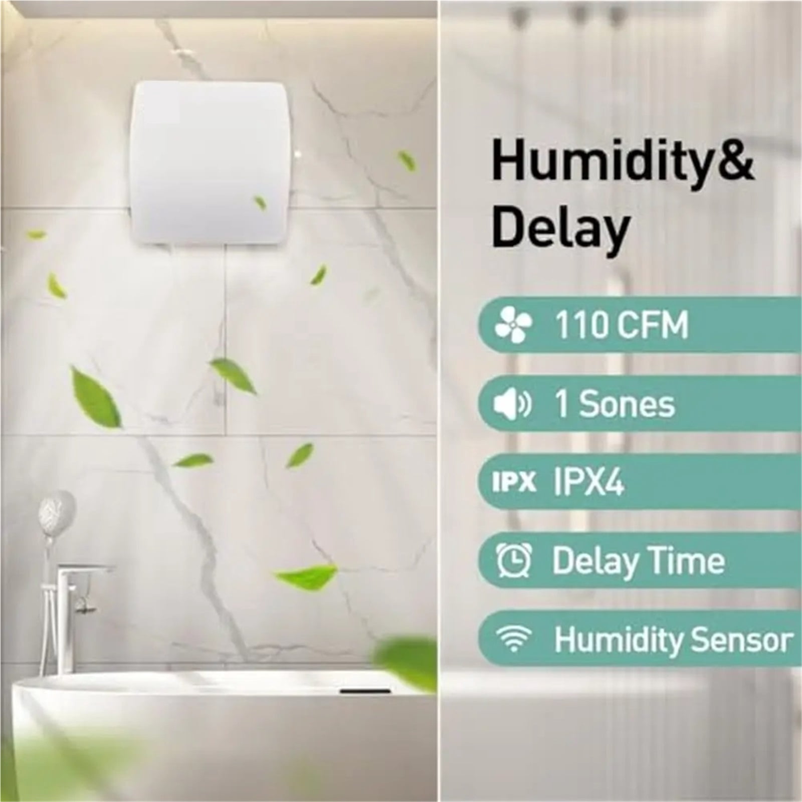 Bathroom Exhaust Fan Humidity Sensor Timer 5.9 In Quiet 110 CFM Ceiling Wall-Mount Ventilation Dual Baffle Design ABS