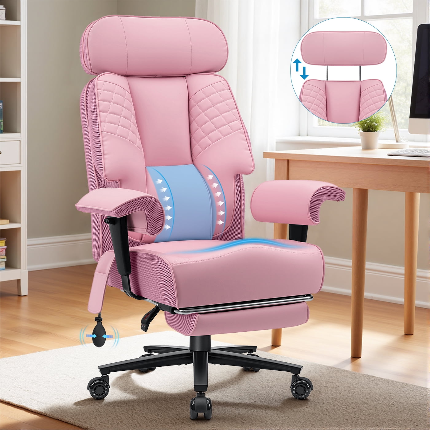 Hoffree Big and Tall Office Chair 500lbs, Reclining Ergonomic Desk Chair with Adjustable Lumbar Support, Arms and Headrest, Executive Leather High Back Computer Chair with Footrest for Home, Pink