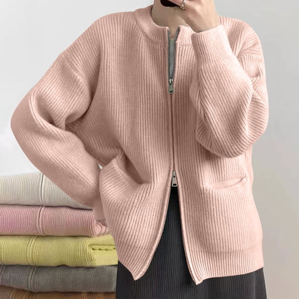 Suéter de invierno para mujer, informal, holgado, a la moda, con bolsillos de color y doble cremallera en la parte superior, cárdigan, abrigo para mujer