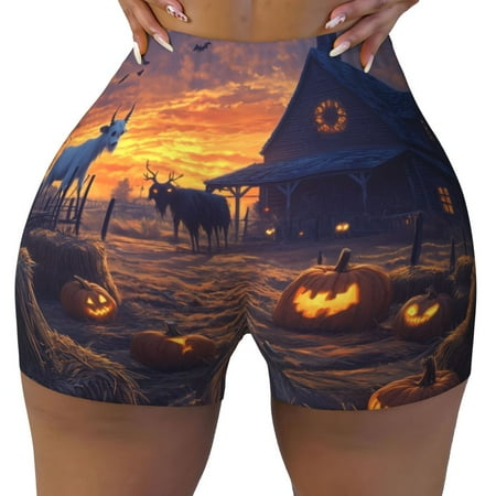 Workout Shorts Women  Halloween Farm Pumpkin Ghost B Biker Shorts for Women Running Gym Spandex Shorts Tummy Control