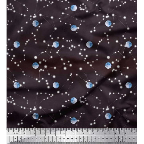 Soimoi Crepe Silk Fabric Moon & Galaxy Print Fabric by the Yard 42 Inch Wide