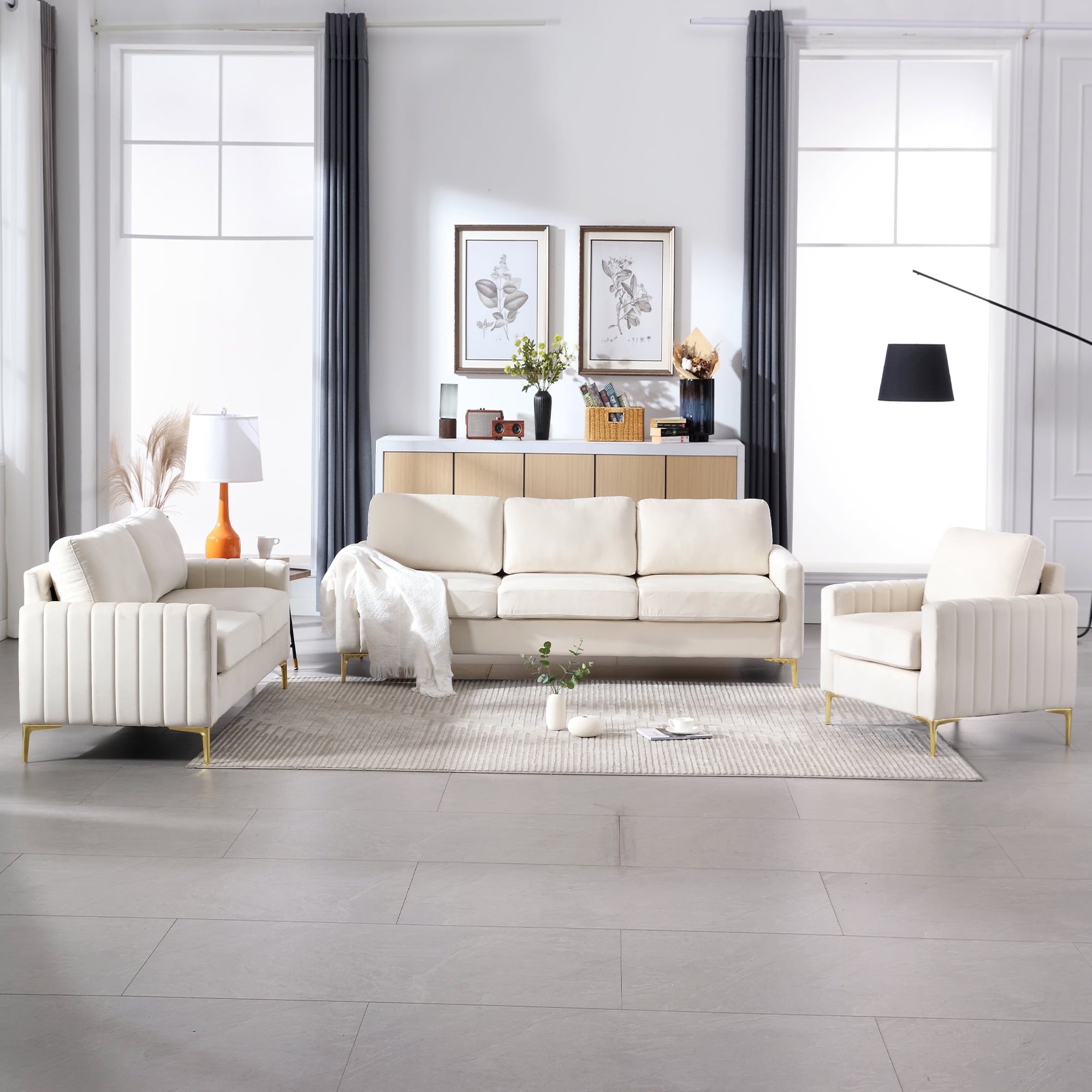 Muumblus Velvet 3 Piece Modern Living Room Furniture Sofa Sets, Beige