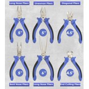 6 pcs Mini Pliers Set - Long, Bent, Needle Nose, Diagonal, End Cut, Combination - Spring Loaded Handle, 5 Inch - Mechanic, Craftsman Basic Tool Kit - Roll Up Carry Bag Included
