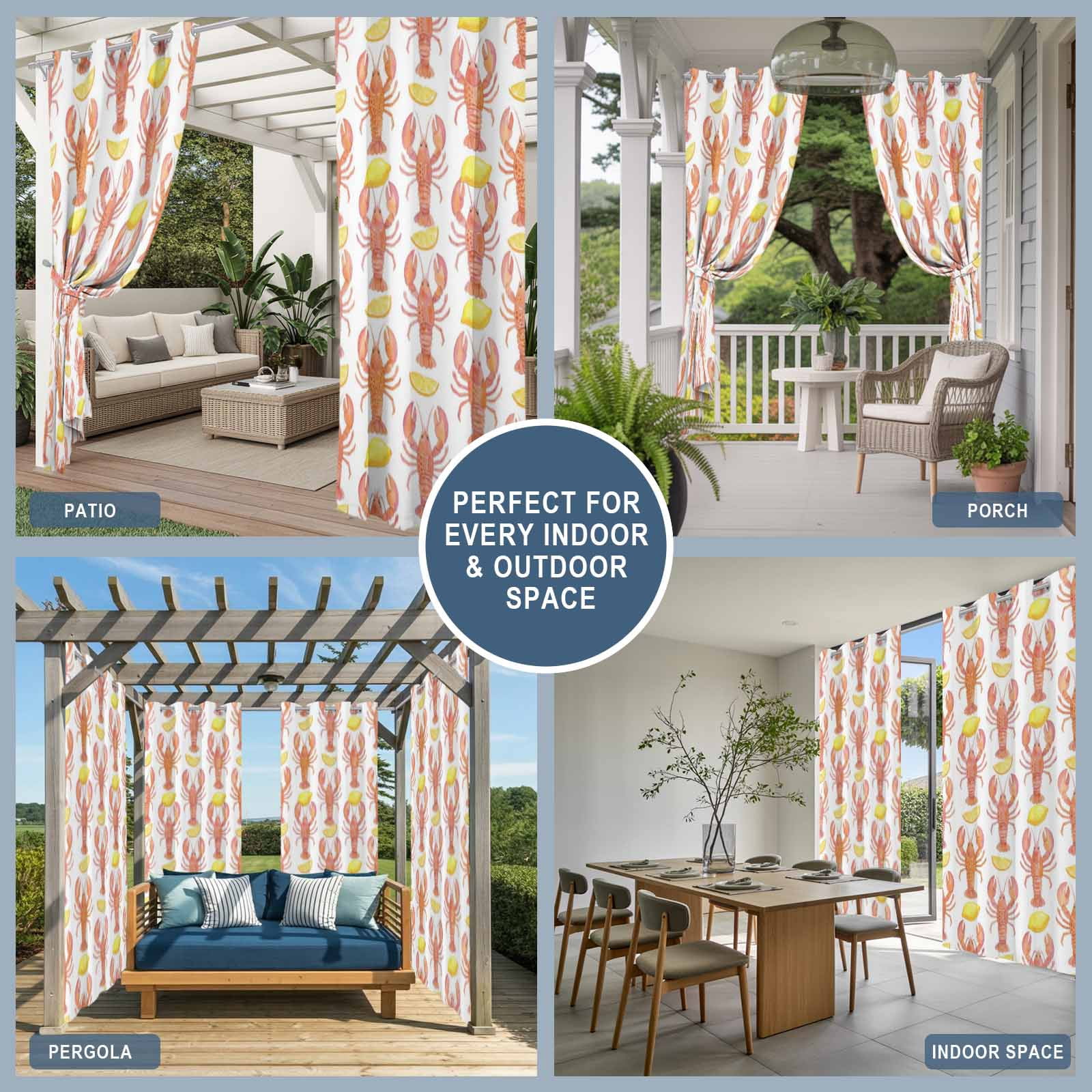 Ocean Orange Lobster Outdoor Curtains for Patio, Summer Nautical Sea Watercolor Yellow Lemon Sunshade Privacy Drapes Grommet Waterproof Outside Curtains for Porch/Cabana/Balcony 54"x 108", 1 Panel