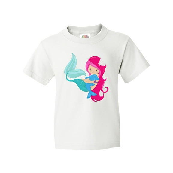 Inktastic Mermaid And Dolphin, Mermaid With Pink Hair Youth T-Shirt