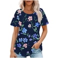 thumbnail image 1 of Hauts d'Été à Manches Courtes Femme Mode 2024 Blouses Plissées Chic Décontractées Col Ras du Cou T-Shirts de Couleur Unie (XX-Grand, Bleu Foncé), 1 of 6