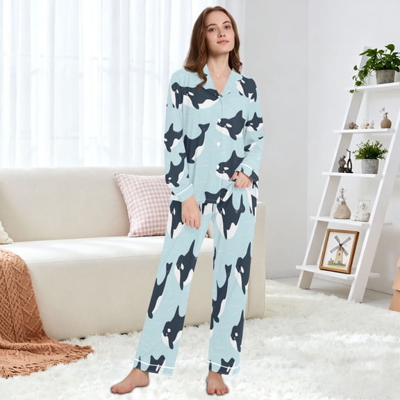 Women's Pajama Set Multi Size Available Long Sleeve Sleepwear For Ladies Cutie Orcas Vectro Pattern