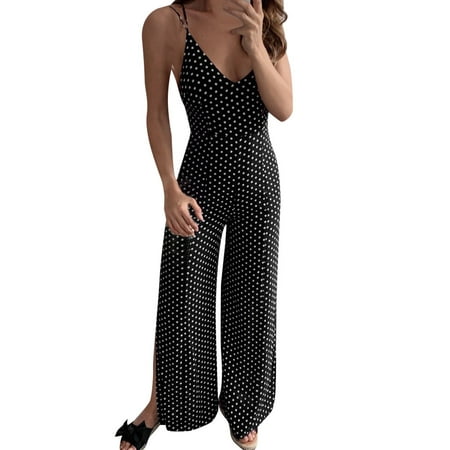 

Plus Size Jumpsuits For Women Fintness Dot Cross Split V-Neck Sleeveless Bodysuit Romper Brown XL