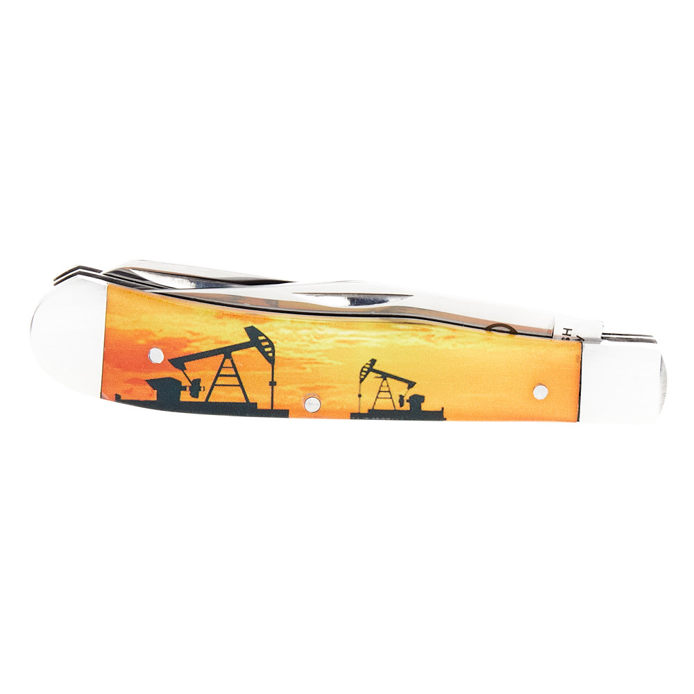 Circle Sh Cutlery Acrylic Orange Pumpjack Print Trapper Knife