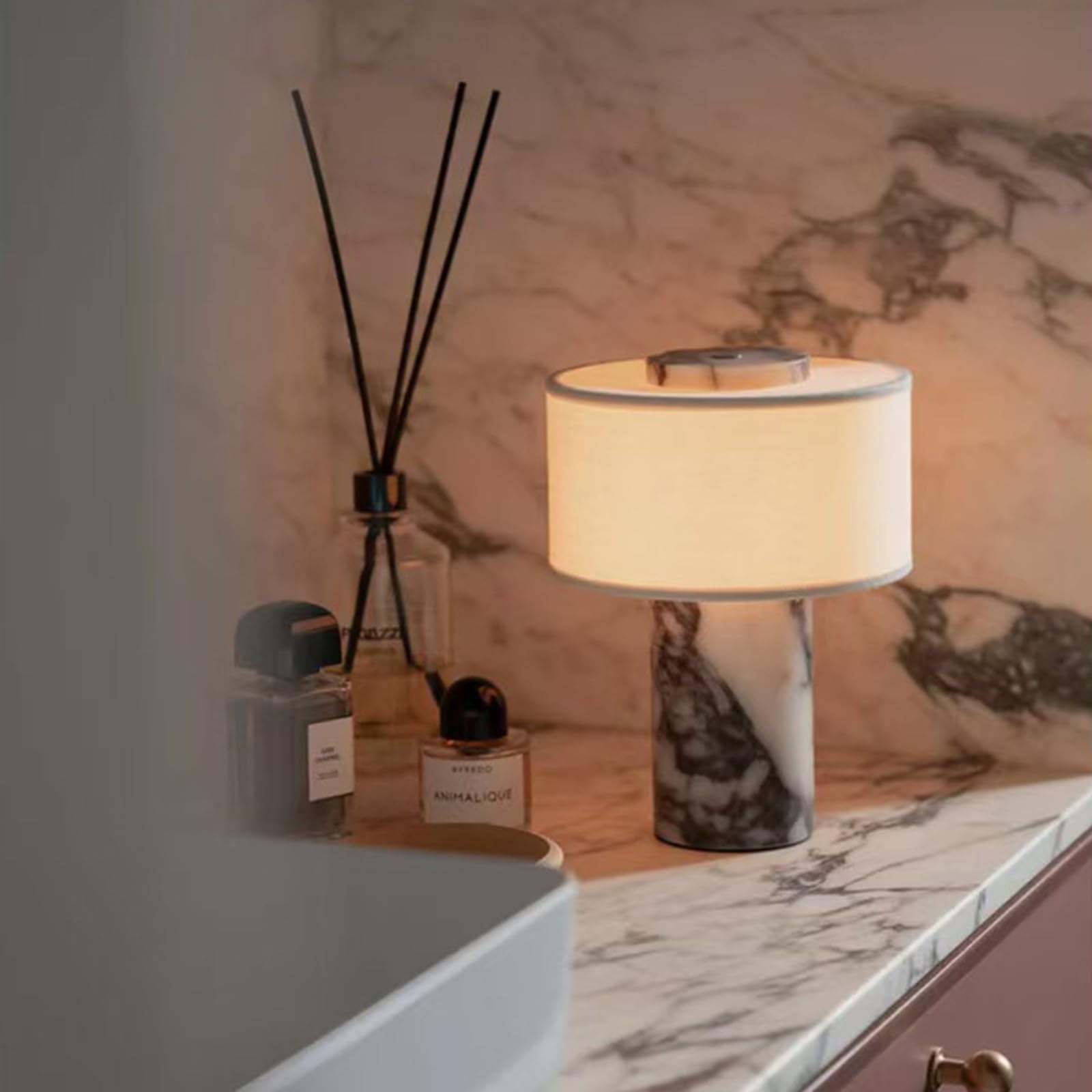 Marble Luxury Stone Rechargeable Touch Table Lamp, Cylindrical Shape, Linen Cloth Fiber Lampshade, High-End and Light Luxury, Bedroom Bedside Table Night Light（Black, White）