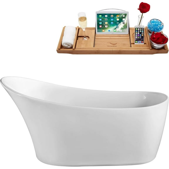59" Streamline N820-IN-PBR Soaking Freestanding Tub and Tray With Internal Drain in Polished Brass