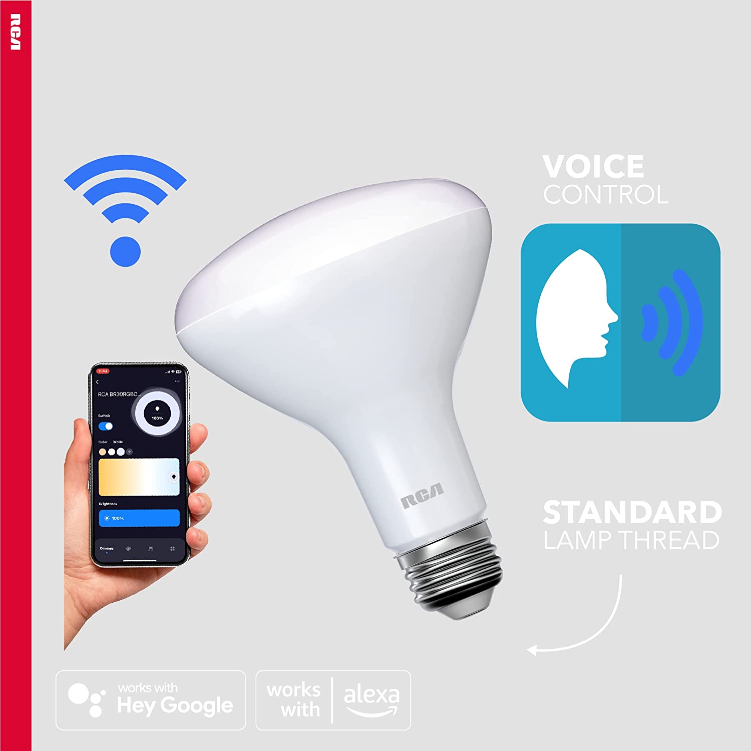 RCA Dimmable Smart Light Bulbs, 2-PK | BR30 WiFi LED Light Bulb | Indoor Flood LED Bulbs | 9W (60W Eq) | 2700K Soft White, 720 Lumens, E26 Base | Voice Activated Lights, Google & Alexa Light Bulb