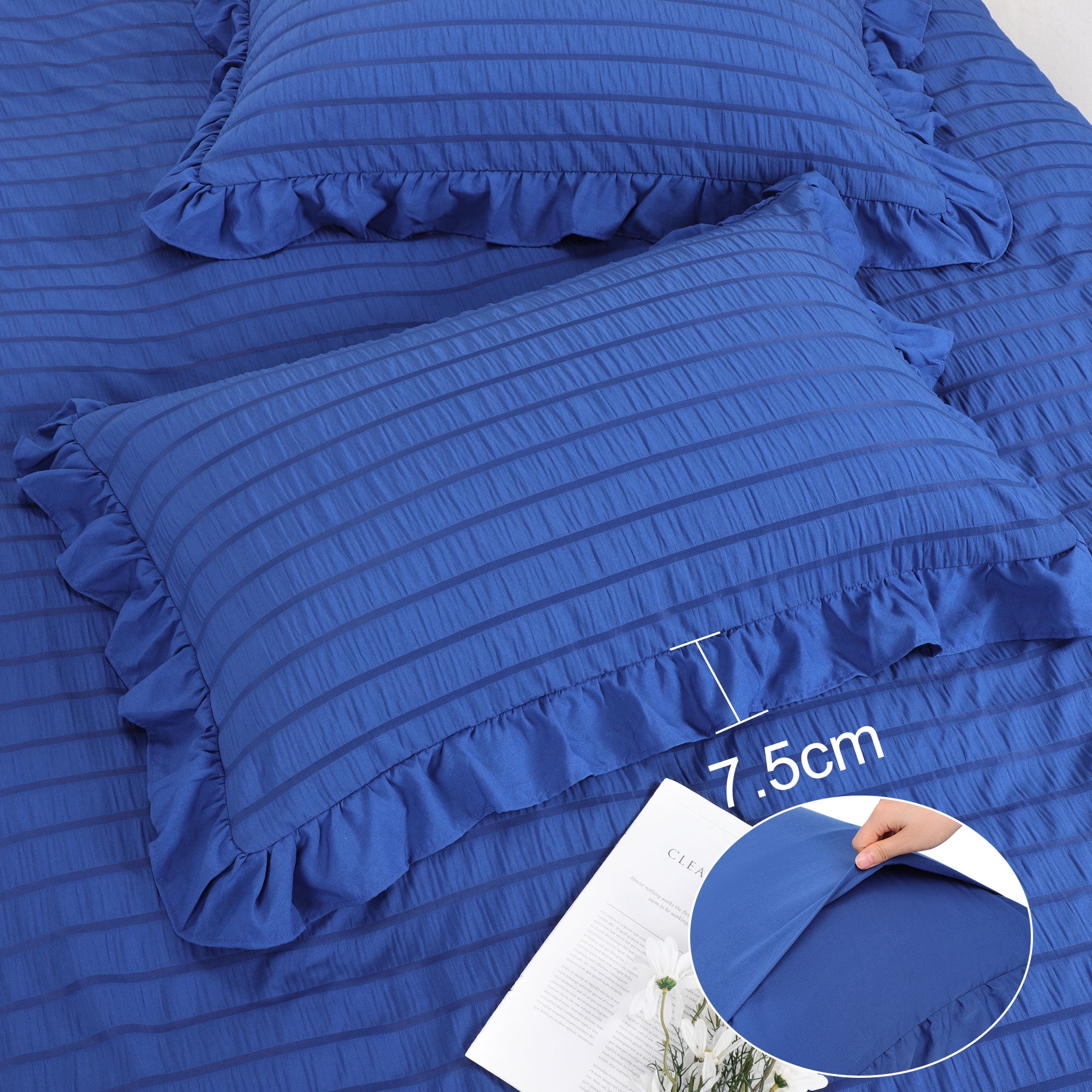 PiccoCasa Soft Microfiber 3 Pieces Queen Seersucker Adult Duvet Cover Set Royal Blue
