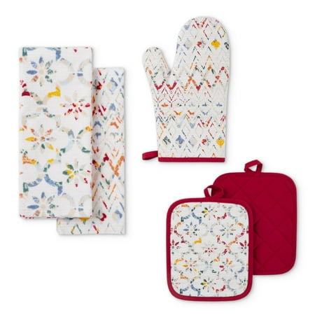 Mainstays Ogee Tile Kitchen Towel, Pot Holder, and Oven Mitt Set, Multi, 15"W x 25"L, 5 Pieces