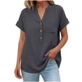 thumbnail image 3 of Uootdi Womens Tops Short Sleeve V Neck Button Placket Chest Pocket Loose Fit Office Commute Casual Work Shirts Gift, 3 of 9