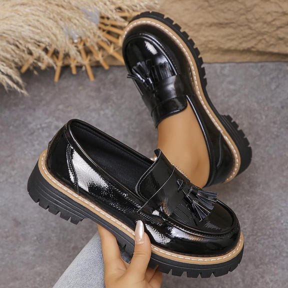 BXSRUTA Womens Large Size Tassel Loafers Vintage Block Heel Shoes Size 6-10