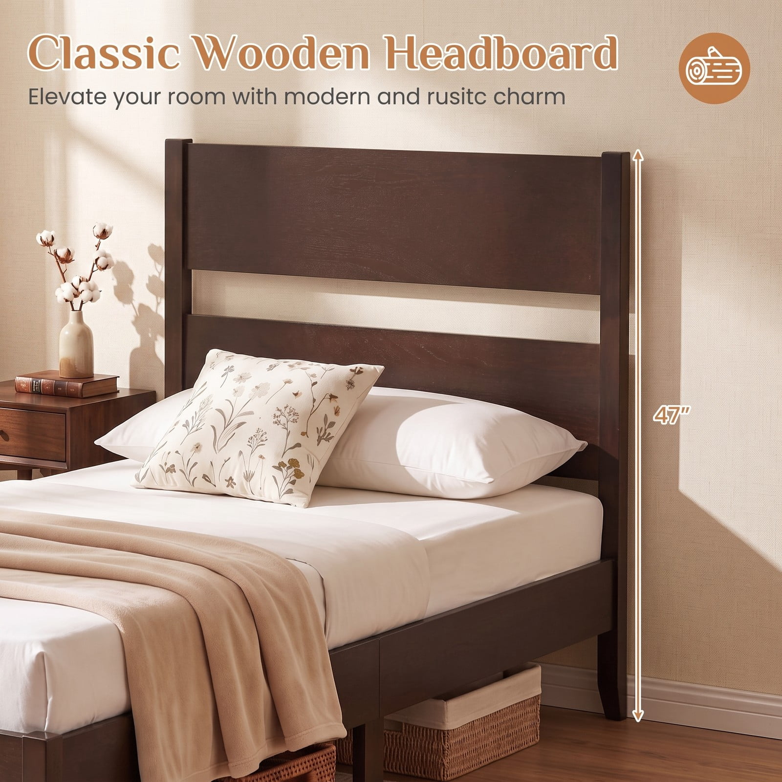 Furnibear Twin Bed Frame Wood Platform Bed with Plank Headboard Solid Wood Legs and 12 Slats for Bedroom and Guest Room, Warm Brown
