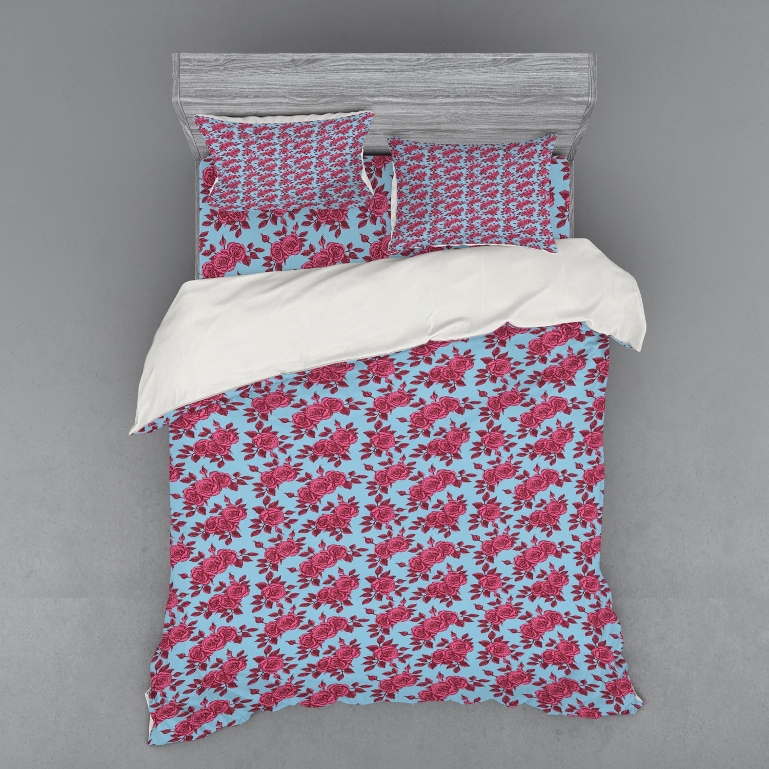 Rose Duvet Cover Set Vintage Blue Background With Sketchy Flowers In Pink Shades Nostalgic Theme Bedding Set With Shams And Fitted Sheet 3 Sizes By Ambesonne Walmart Com Walmart Com