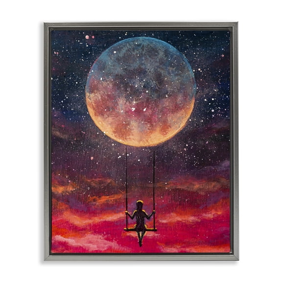 Stupell Industries Eclectic Person Swinging From Moon Gray Floating Frame Canvas Art, 17 x 21, by Valery Rybakow