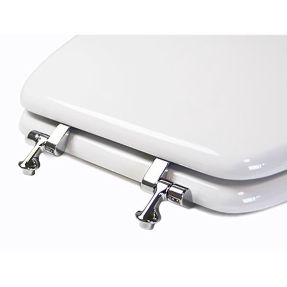 TOPSEAT Round Toilet Seat w/Chromed Metal Hinges, Wood, White