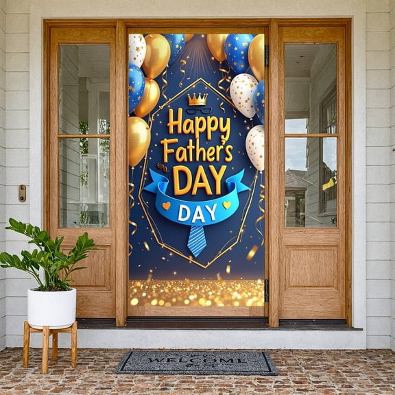 Glitter Gold Happy Father's Day Banner Black & Gold Dad Celebration Backdrop Suit & Tie Star Ornaments Father's Day Background for Father's Day Party Family Gathering Photo Shoot