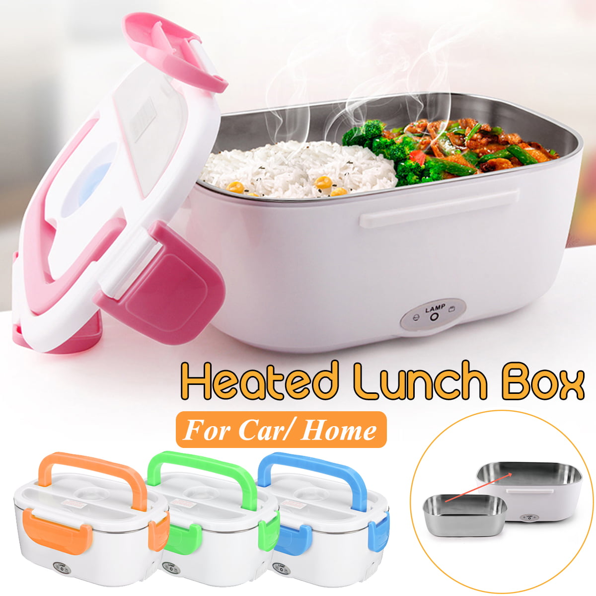 Portable 12V Car Electric Heating Lunch Box Stainless Steel Bento Food Container 