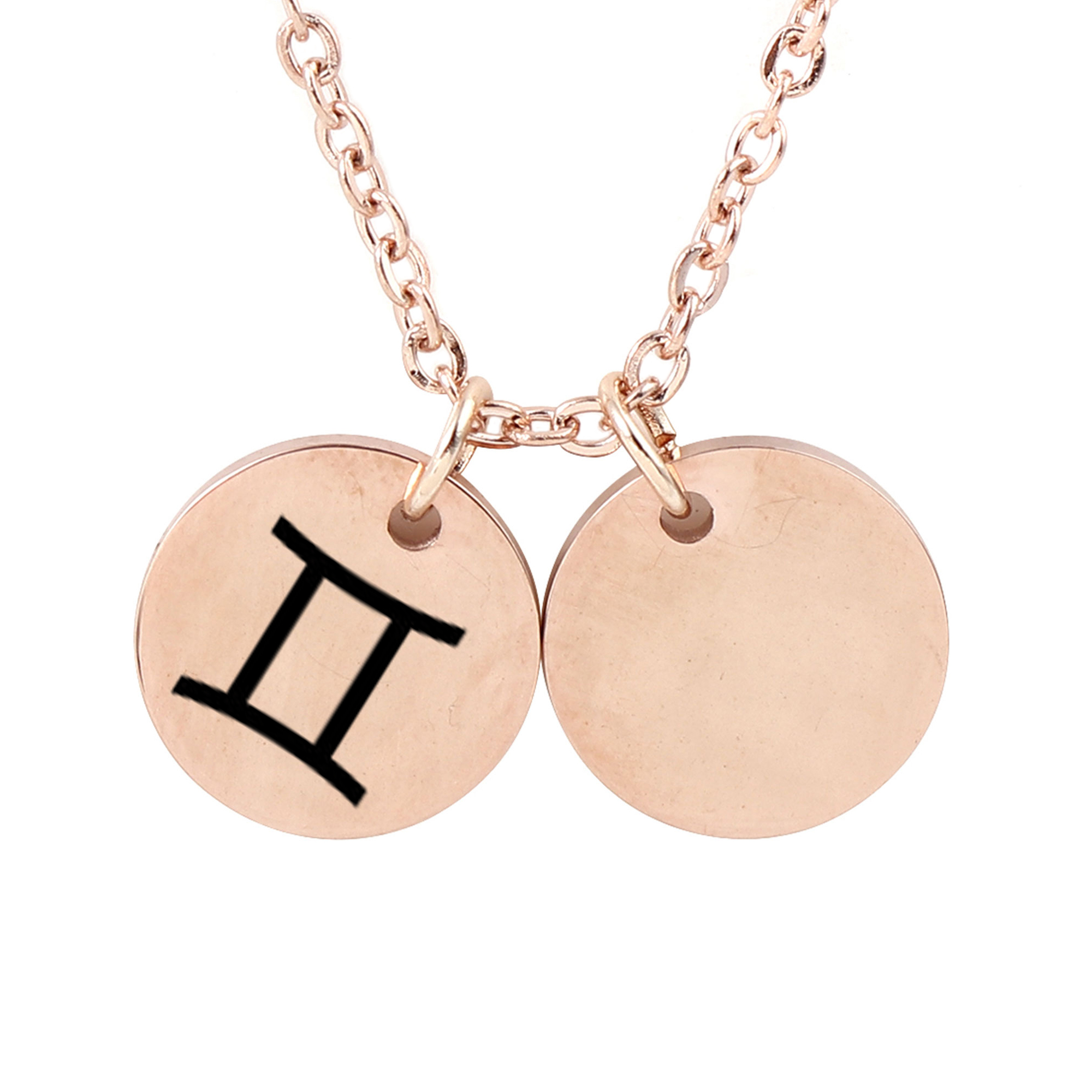 Personalized Round Constellation Initial Necklace - Engraved Zodiac Symbol Jewelry - Christmas Gift for Her - Stainless Steel - 18" Chain - Rose Gold Gemini
