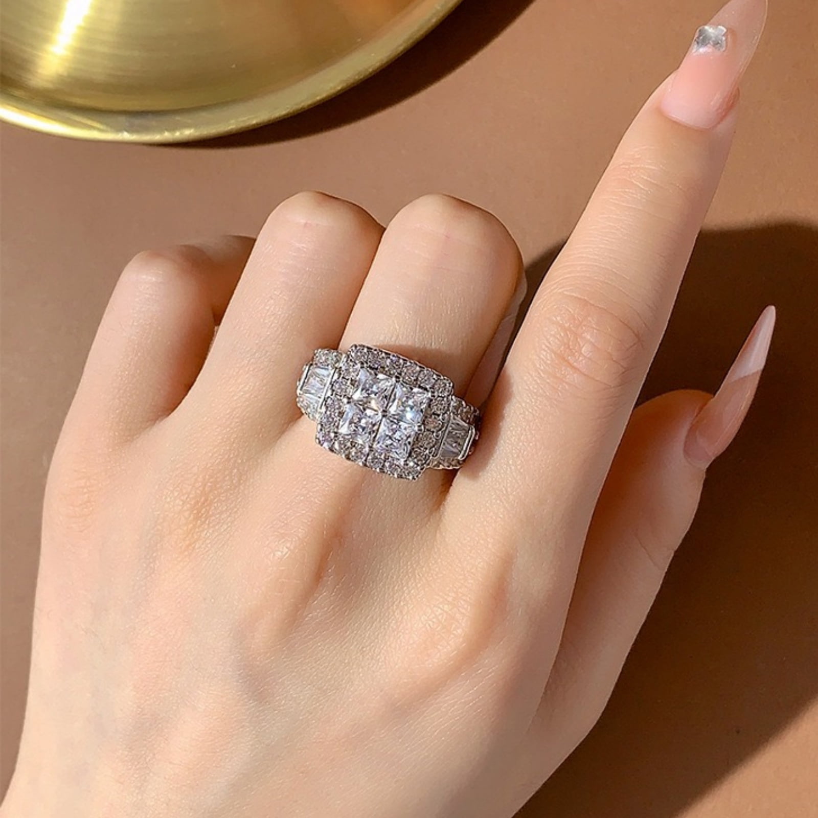 SFTING Rings for Women 18K Gold Plated Princess Cut Engagement Rings for Women 5A CZ Cross Size 6