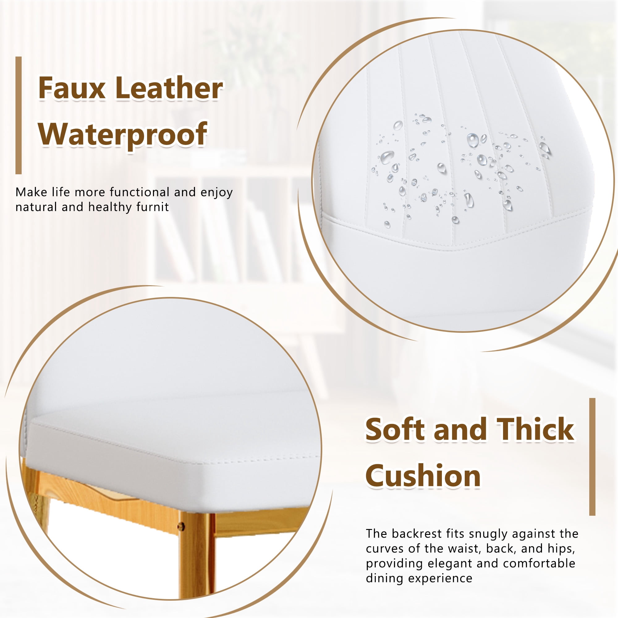Dining Chairs Set of 4, Gold and White PU Leather Dining Chairs 37 Inch High, Ergonomic Backrest, Modern Upholstered Dining Room Chairs with Gold Metal Legs, Comfortable Kitchen Chairs